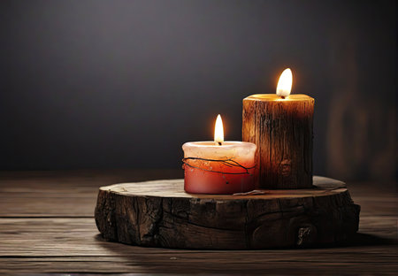Two burning candles against a wall of wooden planksの素材