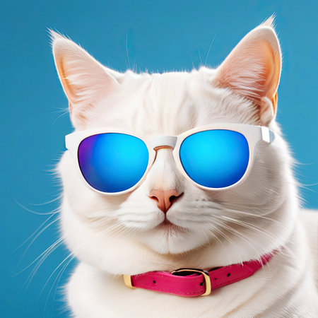 Cool white cat in blue sunglasses. Funny pet portraitの素材