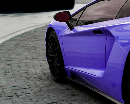 Blue sportcar is parked in street. Detail of a beauty and fast supercarの写真素材