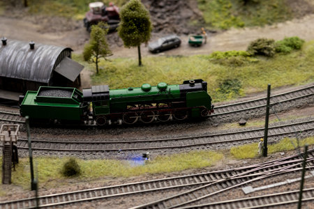 Miniature model train railway engines. Toy locomotiveの写真素材