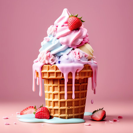 Ice cream spilling from the waffle cone on background. Minimalistic summer food concept.の素材