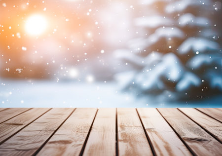 winter snowy blurred defocused background. empty wooden flooring. Flakes of snow fall and sparkle on lightの素材