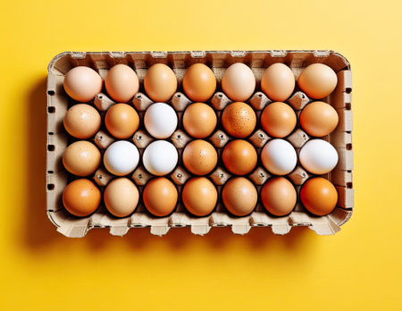Top view package of chicken eggs on yellow background. Preparing for Easterの素材