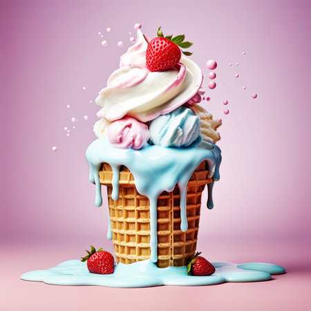 delicious sweet ice cream with strawberries on the backgroundの素材