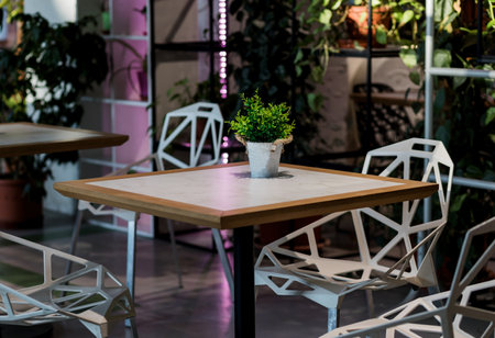 Empty tables of street cafe. urban european restaurantの写真素材