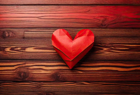 Red heart on a wooden background. Handmade symbol with heart shapeの素材