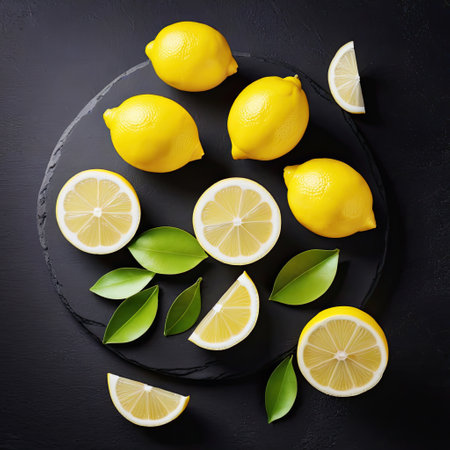 lemons on a round dark stone table. Top viewの素材