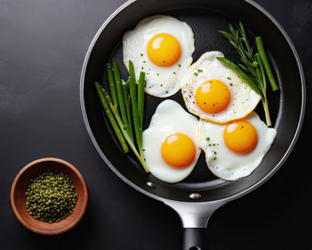 Fried eggs in a frying pan with herbs for breakfast on a black background.の素材