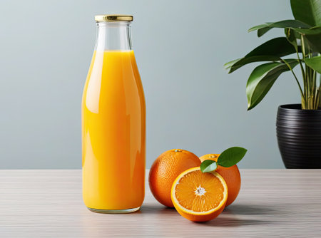 A glass bottle with orange juice on the table. fresh morning beverageの素材