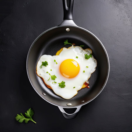 Fried egg on small pan on dark background. top view.の素材