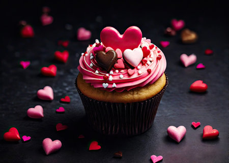Tasty cupcake on dark background. Valentine's Day celebrationの素材