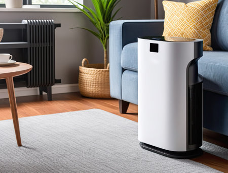 Modern Air Purifier and Humidifier in house. Air Pollution Conceptの素材