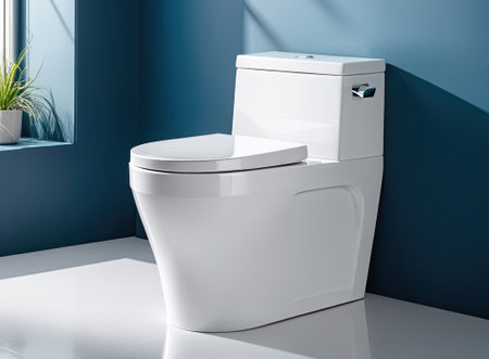 White toilet bowl in a minimalist blue modern bathroom.の素材