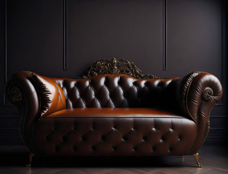 leather sofa in classic apartment. Loft furniture. Big luxury couch on dark roomの素材