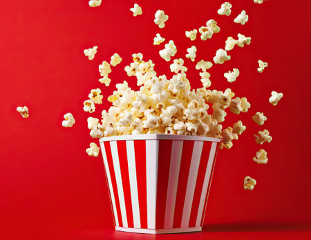 red white striped carton bucket with tasty popcorn on red background. Box with scattering of popcorn. Movies, cinema and entertainment concept.の素材