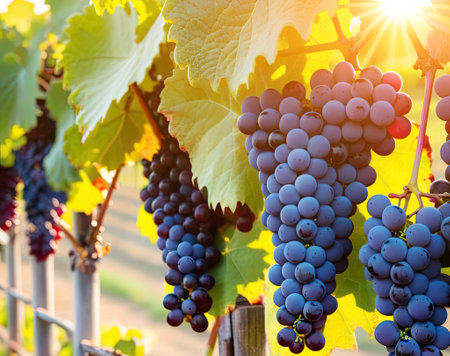 Close-up of a blue grape hanging in a vineyard on sunsetの素材