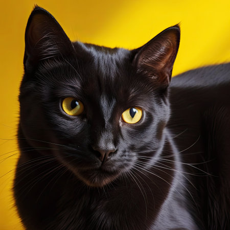 Black cat on yellow background. Close-up cat portrait petの素材