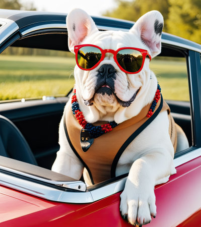 Cool bulldog with sunglasses in car. summer conceptの素材