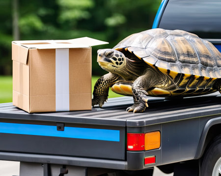 slow cargo delivery by turtle. freight transportation,の素材