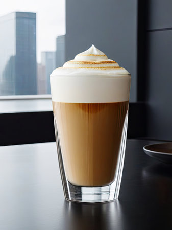 Hot coffee with milk and foam in glass cupの素材
