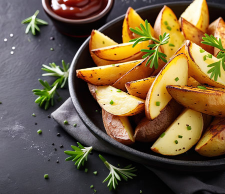 Baked potato wedges in frying pan on dark stone background. Top viewの素材