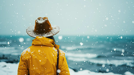 Back view of stylish hipster traveler woman wearing vintage hat and yellow jacket. Wanderlust explorer discovering natural wondersの素材