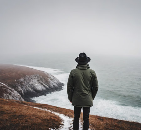 A lonely man stands with his back near a cliff and looks at the misty seaの素材