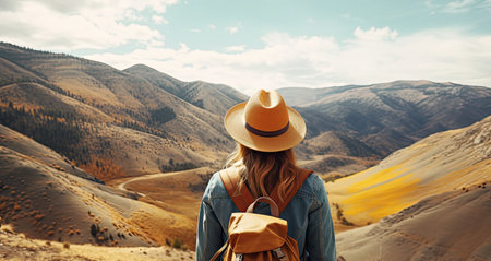 Back view of woman in hat stay outdoor under sunlight with beautiful view of mountainの素材