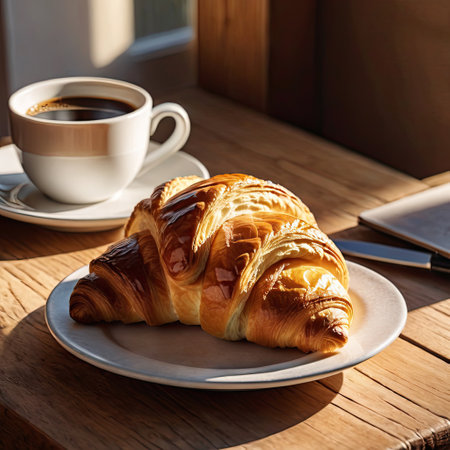cup of coffee and croissants on wooden table. Morning breakfast.の素材