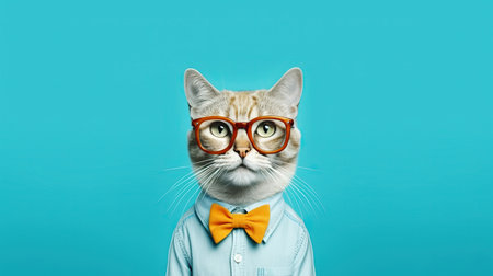 elegant cat with a bow tie in glasses on the backgroundの素材