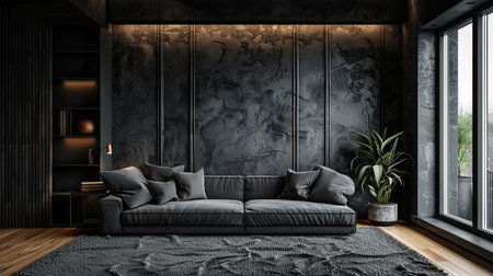 luxury comfortable apartment with dark wall and couch. fashionable furniture in roomの素材