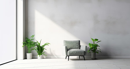 Vintage armchair and green plants near the wall. Copy space. Cozy stylish furniture for interiorの素材