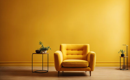 Stylish minimalistic room with modern bright furniture. decorative vivid armchair home apartment interior floorの素材
