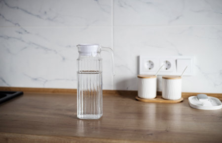 glass transparent jug for drinking water on tableの写真素材