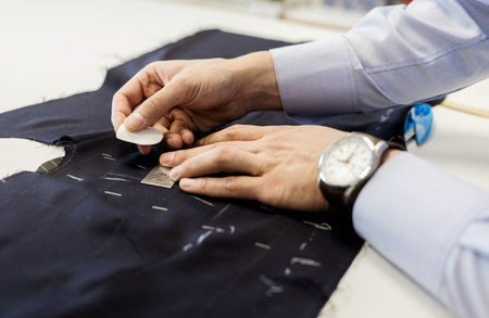 male tailor drawing with textile chalk in hand. man in atelierの写真素材