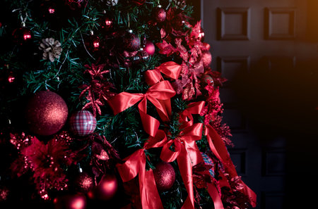 beautiful decorated christmas tree with balls close upの写真素材
