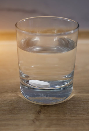Close-up of water glass white medical pill on tableの写真素材