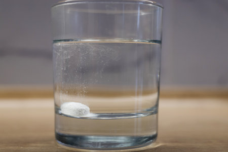 Transparent glass with water and white medical pillの写真素材