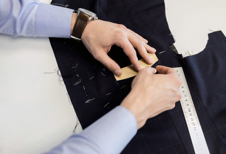 Professional tailor marking sewing pattern on fabric with chalk at tableの写真素材