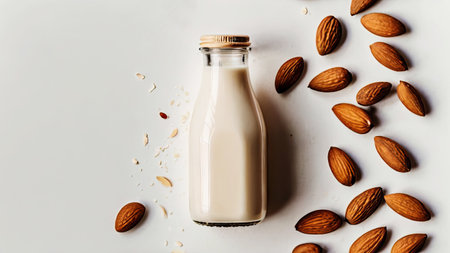 Top view of useful almond milk in glass bottle on tableの素材