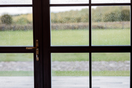 Rainy day, raindrops on the window glass.の写真素材