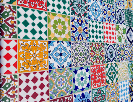 Colorful ceramic tile texture background in oriental style. Selective focus.の写真素材