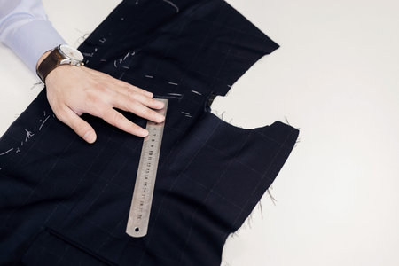 close-up of a tailor's hand measuring fabric with a metal ruler