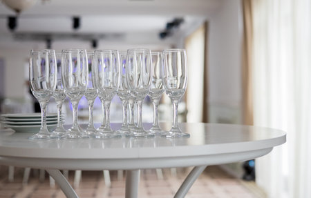 lot of empty wine glasses in a row. selective focusの写真素材
