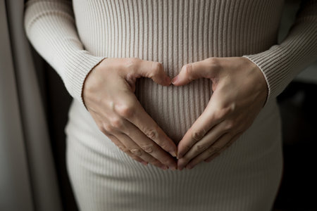 pregnant woman's belly. Pregnant woman holding hands on her belly making a heart symbolの写真素材