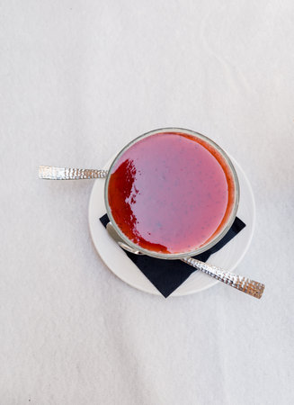 Panakota and jelly in plate on the table background. Top viewの写真素材