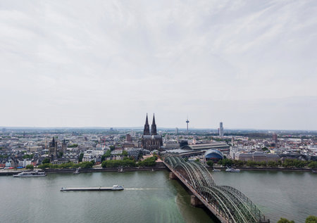 Aerial panorama of the Hohenzollern bridge over Rhine river. Beautiful cityscape of Cologne Cathedralの写真素材