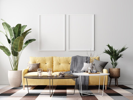 Modern Interior Living Room Poster Frame Mockup - 3d Illustration, 3d Rendering