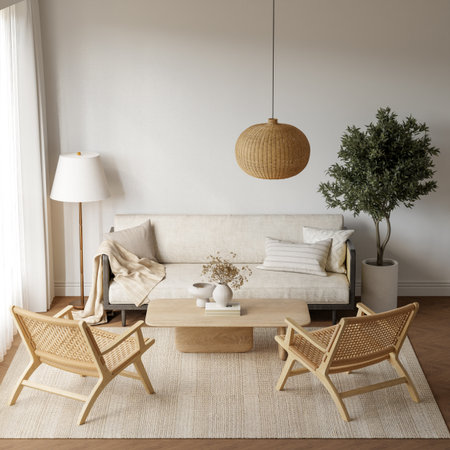Japandi Interior Living Room with Cozy Sofa & Armchair, Light Furniture, Textured Rug, Indoor Plants and Table with Decoration - 3d Renderingの写真素材