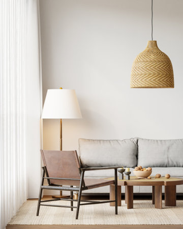 Japandi Interior Living Room with Cozy Sofa & Armchair, Light Furniture, Textured Rug, Indoor Plants and Table with Decoration - 3d Renderingの写真素材